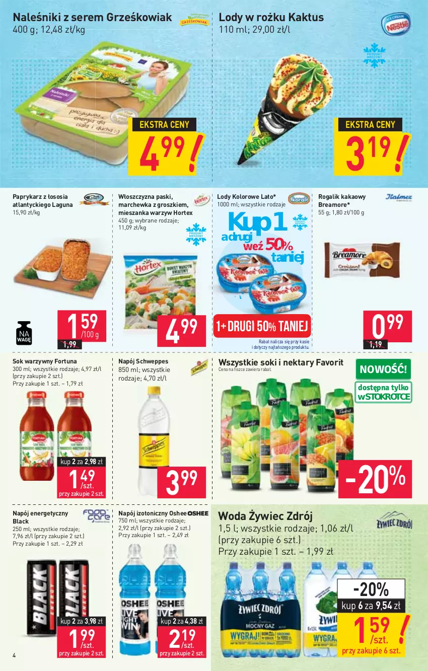 Gazetka promocyjna Stokrotka - Market - ważna 10.06 do 16.06.2021 - strona 4 - produkty: Fa, Fortuna, Hortex, Kakao, Kaktus, Lack, Lody, Marchewka, Mieszanka warzyw, Naleśniki, Napój, Napój energetyczny, Napój izotoniczny, Nektar, Oshee, Papryka, Paprykarz, Rogal, Schweppes, Ser, Sok, Sos, Woda