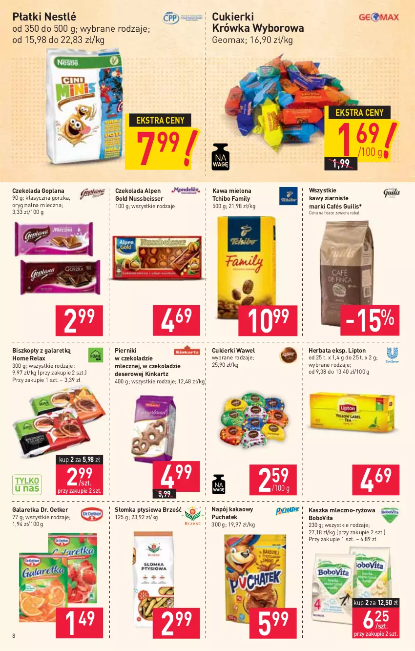 Gazetka promocyjna Stokrotka - Market - ważna 10.06 do 16.06.2021 - strona 8 - produkty: Biszkopty, BoboVita, Cukier, Cukierki, Czekolada, Deser, Dr. Oetker, Fa, Gala, Galaretka, Gin, Goplana, Herbata, Inka, Kakao, Kawa, Kawa mielona, LANA, Lipton, Napój, Nestlé, Piernik, Pierniki w czekoladzie, Ryż, Ser, Tchibo, Tchibo Family, Wawel, Wyborowa