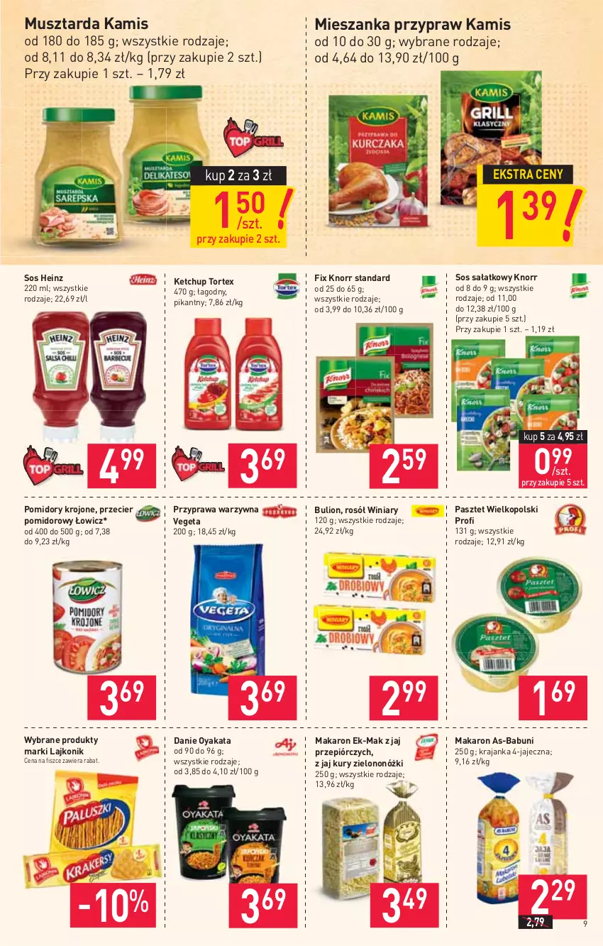 Gazetka promocyjna Stokrotka - Market - ważna 10.06 do 16.06.2021 - strona 9 - produkty: Babuni, Bulion, Heinz, Kamis, Ketchup, Knorr, Lajkonik, Lion, Makaron, Mus, Musztarda, Pasztet, Pomidory, Pomidory krojone, Rosół, Sałat, Sos, Vegeta, Winiary