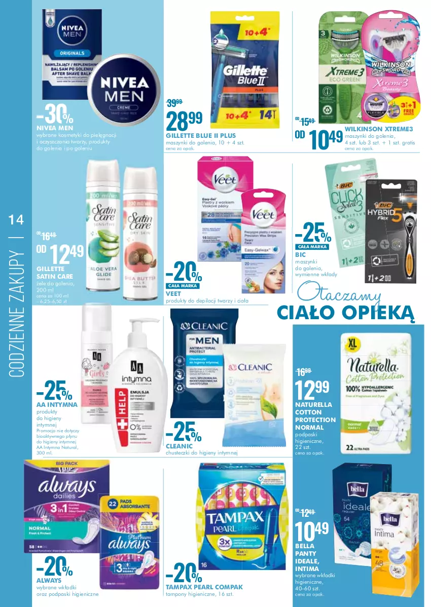 Gazetka promocyjna Super Pharm - Gazetka - ważna 01.09 do 14.09.2022 - strona 14 - produkty: Always, Bell, Bella, BIC, Chusteczki, Chusteczki do higieny, Cleanic, Gillette, Gra, Kosmetyki do pielęgnacji, Naturell, Naturella, Nivea, Nivea Men, Pax, Podpaski, Sati, Tampax, Tampony, Veet, Wkładki