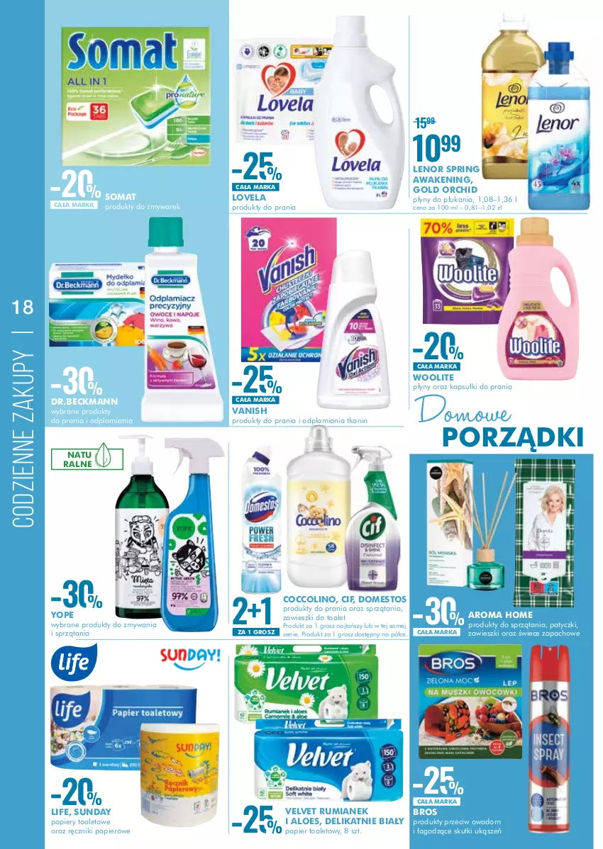 Gazetka promocyjna Super Pharm - Gazetka - ważna 01.09 do 14.09.2022 - strona 18 - produkty: Cif, Coccolino, Domestos, Kapsułki do prania, Lenor, Lovela, Papier, Papier toaletowy, Por, Produkty do zmywarek, Ręcznik, Ręczniki papierowe, Rum, Somat, Vanish, Velvet, Woolite, Yope, Zawieszki