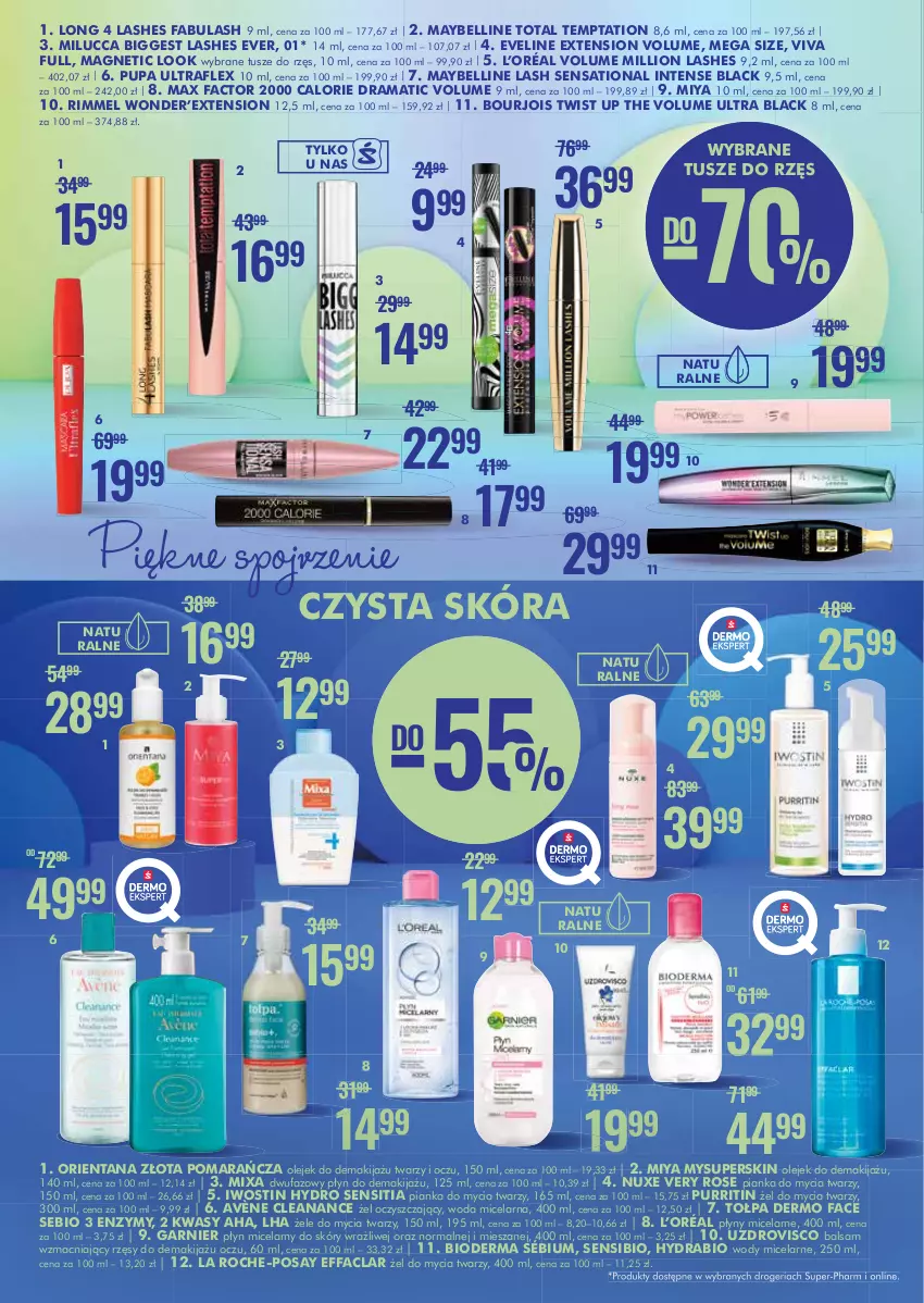 Gazetka promocyjna Super Pharm - Gazetka - ważna 01.09 do 14.09.2022 - strona 7 - produkty: Avène, Bell, Bioderma, Bourjois, Eveline, Fa, Garnier, Iwostin, L’Oréal, La Roche-Posay, Lack, Lion, Long 4 Lashes, Makijaż, Max Factor, Maybelline, Mixa, Nuxe, Olej, Olejek do demakijażu, Pianka do mycia twarzy, Płyn micelarny, Pupa, Pur, Rama, Sati, Tołpa, Tusz, Woda, Woda micelarna