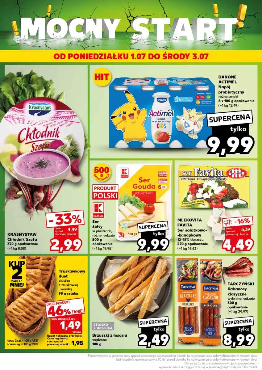 Gazetka promocyjna Kaufland - Kaufland - ważna 01.07 do 03.07.2024 - strona 4 - produkty: Actimel, Brzuszki z łososia, Danone, Fa, Favita, Kabanos, Mleko, Mlekovita, Napój, Sałat, Ser, Sos, Tarczyński