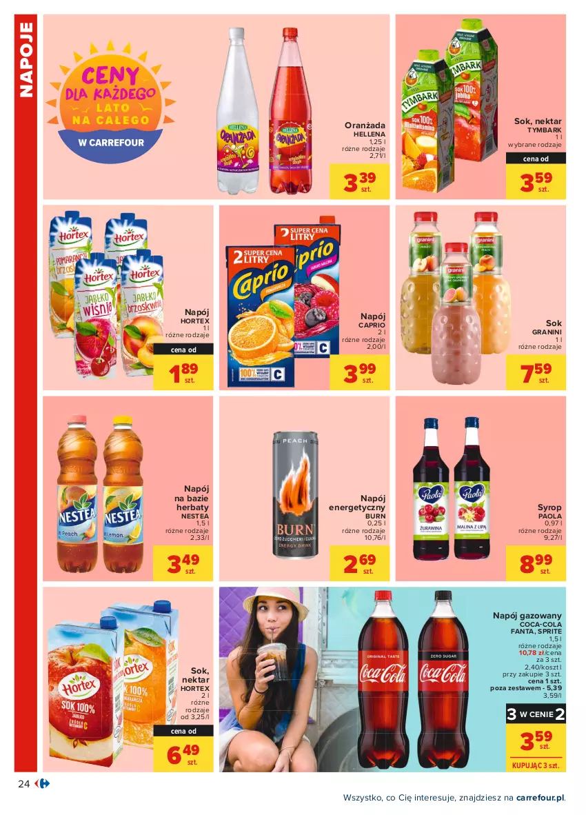 Gazetka promocyjna Carrefour - Gazetka Carrefour - ważna 26.07 do 07.08.2021 - strona 24 - produkty: Coca-Cola, Fa, Fanta, Gra, Hellena, Hortex, Kosz, Napój, Napój energetyczny, Napój gazowany, Napoje, Nektar, Nestea, Oranżada, Paola, Sok, Sprite, Syrop, Tymbark