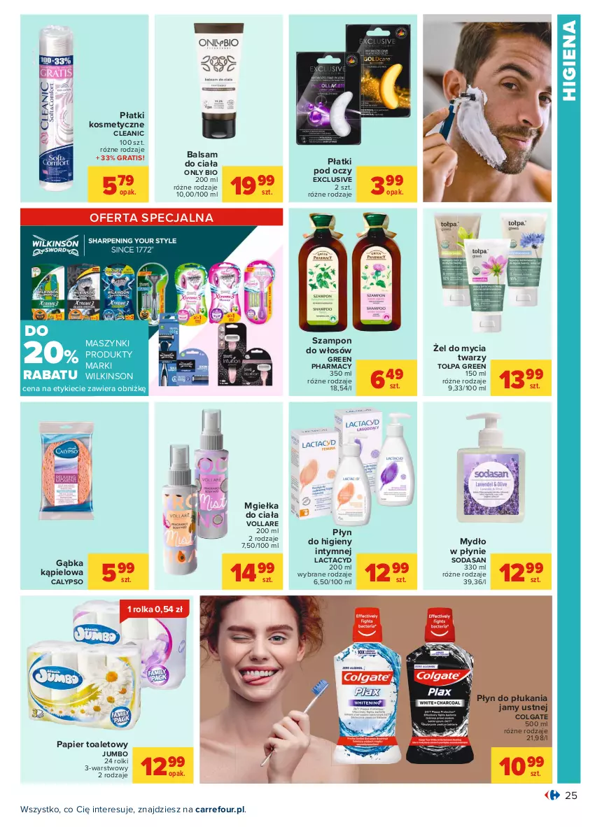 Gazetka promocyjna Carrefour - Gazetka Carrefour - ważna 26.07 do 07.08.2021 - strona 25 - produkty: Balsam do ciała, Cleanic, Colgate, Gra, Green pharmacy, Lactacyd, LG, Mydło, Mydło w płynie, Papier, Papier toaletowy, Płatki kosmetyczne, Płyn do higieny intymnej, Płyn do płukania, Płyn do płukania jamy ustnej, Rolki, Szampon, Tołpa