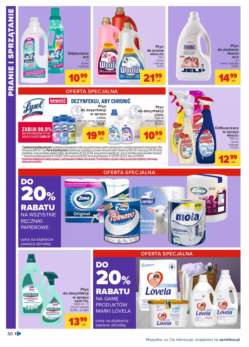 Gazetka promocyjna Carrefour - Gazetka Carrefour - ważna 26.07 do 07.08.2021 - strona 30 - produkty: Lovela, Lysol, Odplamiacz, Odtłuszczacz, Papier, Płyn do płukania, Płyn do prania, Ręcznik, Ręczniki papierowe, Sanytol, Sprzątanie, Woolite