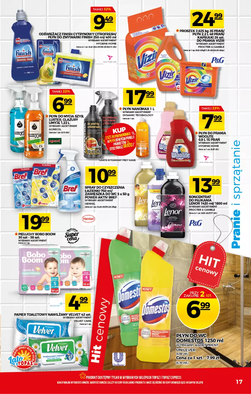 Gazetka promocyjna Topaz - Gazetka - ważna 08.07 do 14.07.2021 - strona 17 - produkty: Bref, Domestos, Finish, Gra, K2, Lenor, Nanomax, Płyn do prania, Spray do czyszczenia, Vizir, Zawieszka do wc, Zmywarki