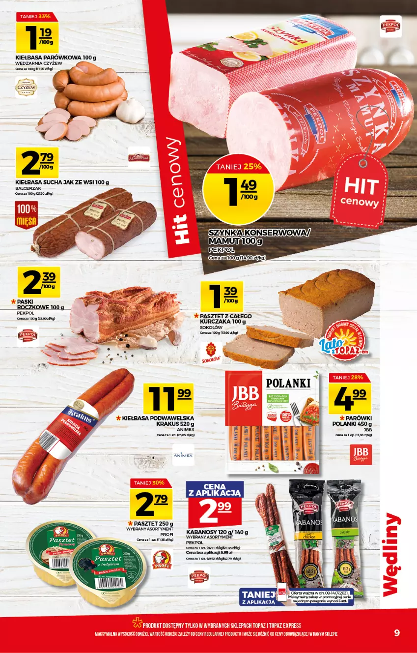 Gazetka promocyjna Topaz - Gazetka - ważna 08.07 do 14.07.2021 - strona 9 - produkty: K2, Kabanos, Kiełbasa, Kiełbasa podwawelska, Krakus, Kurczak, Lanki, Parówki, Pekpol, Ser, Sok, Sokołów, Wawel