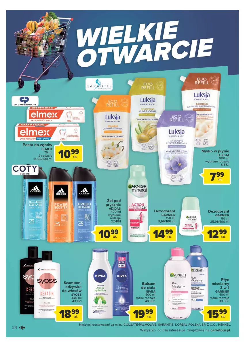 Gazetka promocyjna Carrefour - Gazetka Wielki wybór cenionych marek - ważna 30.05 do 10.06.2023 - strona 24 - produkty: Adidas, Balsam do ciała, Colgate, Control, Dezodorant, Elmex, Garnier, Gin, LG, Luksja, Mydło, Mydło w płynie, Nivea, Odżywka, Palmolive, Pasta do zębów, Syoss, Szampon