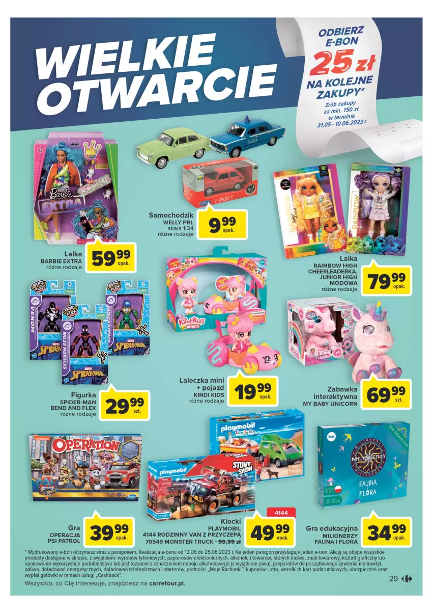 Gazetka promocyjna Carrefour - Gazetka Wielki wybór cenionych marek - ważna 30.05 do 10.06.2023 - strona 29 - produkty: Barbie, Chodzik, Fa, Flora, Gra, Lalka, Lion, Milionerzy, Mobil, Monster truck, Papier, Piec, Piwa, Playmobil, Pojazd, Psi Patrol, Rama, Telefon, Tera, Zabawka