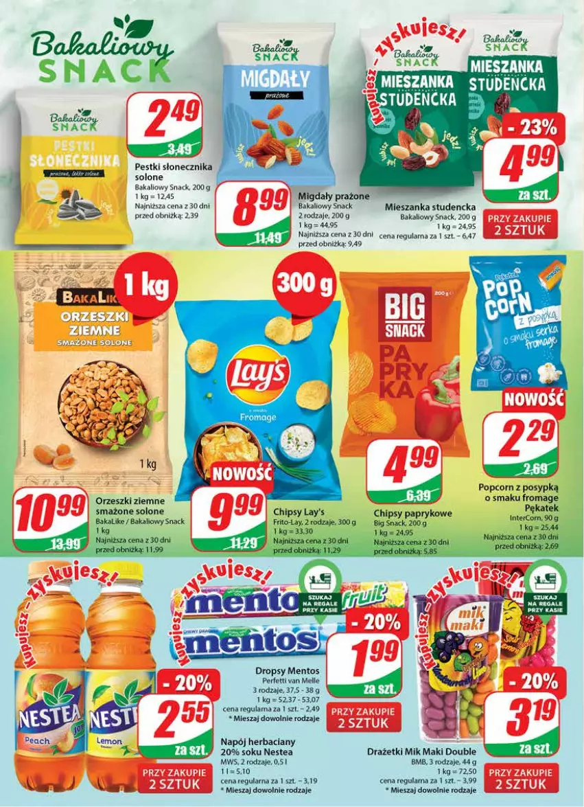 Gazetka promocyjna Dino - Gazetka 43 - ważna 25.10 do 31.10.2023 - strona 20 - produkty: Chipsy, Fa, Mentos, Mieszanka studencka, Migdały, Napój, Nestea, Orzeszki, Orzeszki ziemne, Popcorn, Sok