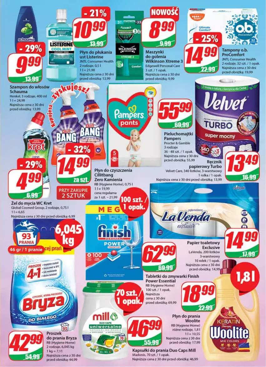 Gazetka promocyjna Dino - Gazetka 43 - ważna 25.10 do 31.10.2023 - strona 27 - produkty: Bryza, Finish, Kapsułki do prania, Kret, Listerine, Majtki, O.B., Pampers, Papier, Papier toaletowy, Pieluchomajtki, Płyn do płukania, Płyn do prania, Ręcznik, Schauma, Szampon, Tablet, Tabletki do zmywarki, Tampony, Velvet, Woolite, Zmywarki