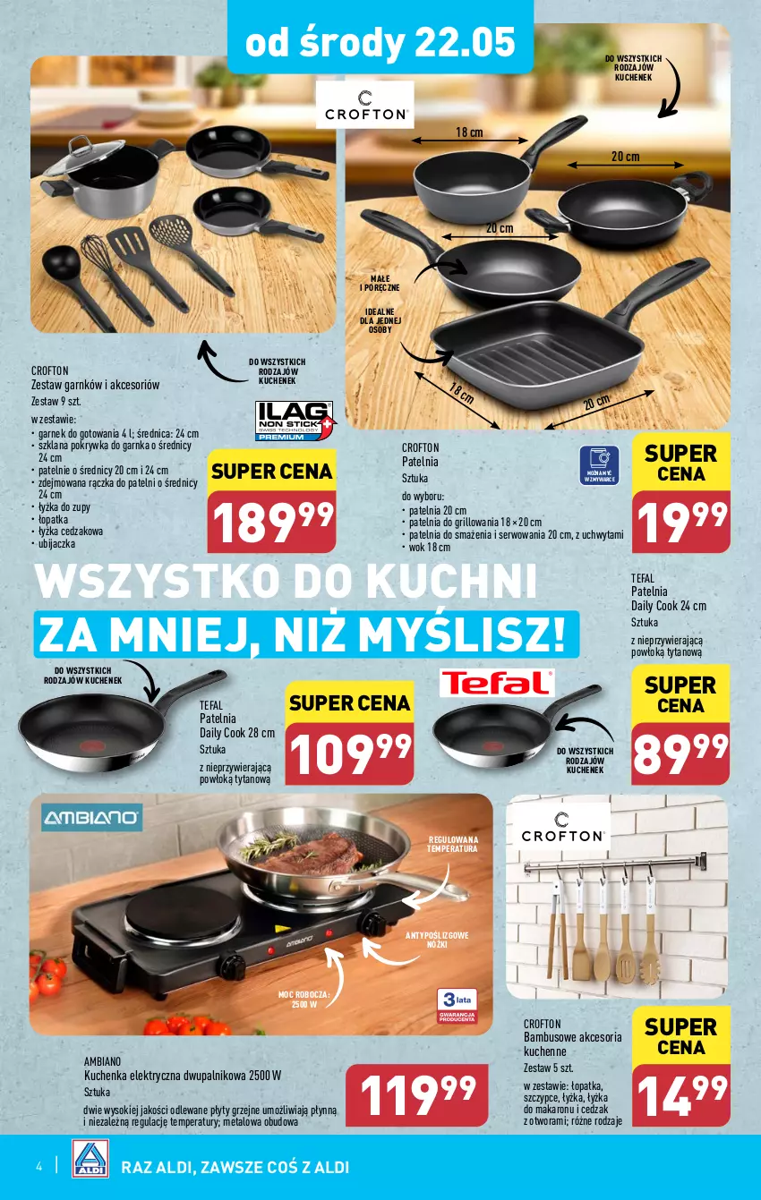 Gazetka promocyjna Aldi - Artykuły przemysłowe i tekstylia - ważna 22.05 do 25.05.2024 - strona 4 - produkty: Cedzak, Fa, Garnek, Grill, LANA, Makaron, Patelnia, Płyty grzejne, Por, Ser, Sok, Szczypce, Tefal, Tytan