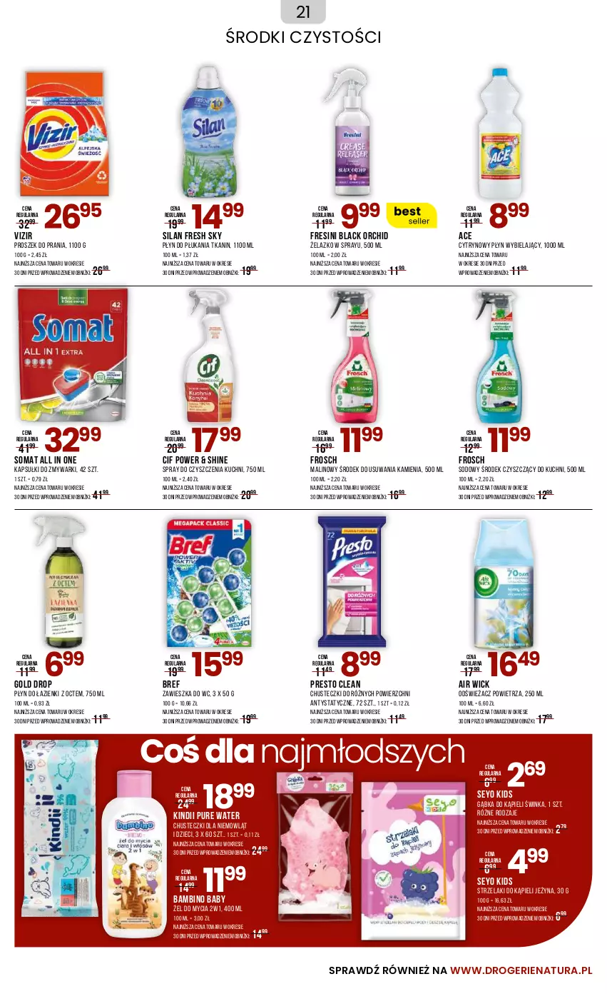 Gazetka promocyjna Drogerie Natura - Gazetka Drogerie Natura - ważna 30.11.2023 do 02.01.2024 - strona 21 - produkty: Air Wick, Bref, Chusteczki, Cif, Dzieci, Frosch, Inka, Kindii, Lack, Odświeżacz powietrza, Płyn do płukania, Presto, Proszek do prania, Pur, Silan, Somat, Spray do czyszczenia, Vizir, Zawieszka do wc, Zmywarki