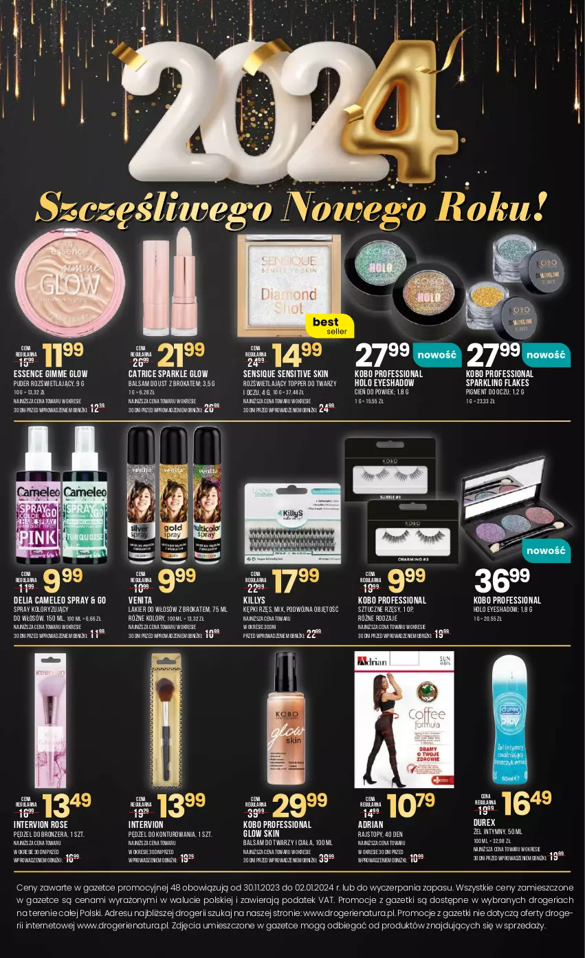 Gazetka promocyjna Drogerie Natura - Gazetka Drogerie Natura - ważna 30.11.2023 do 02.01.2024 - strona 24 - produkty: Balsam do ust, Bronzer, Catrice, Cień, Dres, Durex, Eleo, JBL, Killys, KOBO, Lakier, Lakier do włosów, Puder, Rajstopy, Sztuczne rzęsy, Top