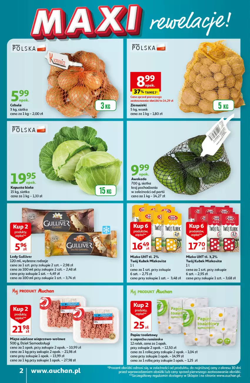 Gazetka promocyjna Auchan - Gazetka MAXI Rewelacje! Supermarket Auchan - ważna 14.09 do 20.09.2023 - strona 2 - produkty: Cebula, Kubek, Lody, Mięso, Mięso mielone, Mleko, Mlekovita, Papier, Papier toaletowy, Rum, Siatka, Ziemniaki