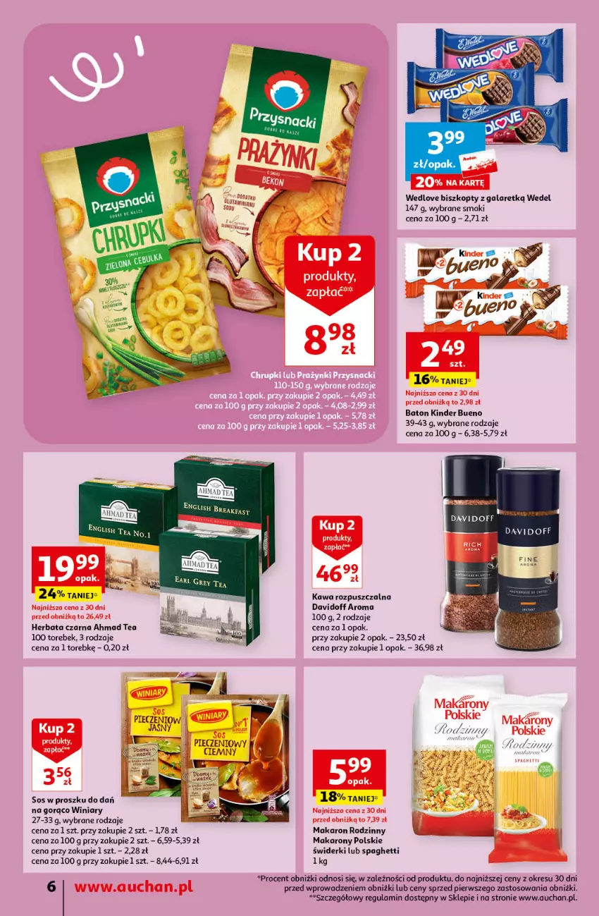 Gazetka promocyjna Auchan - Gazetka MAXI Rewelacje! Supermarket Auchan - ważna 14.09 do 20.09.2023 - strona 6 - produkty: Baton, Biszkopty, Davidoff, Gala, Herbata, Herbata czarna, Kawa, Kawa rozpuszczalna, Kinder, Kinder Bueno, Makaron, Piec, Sos, Spaghetti, Winiary