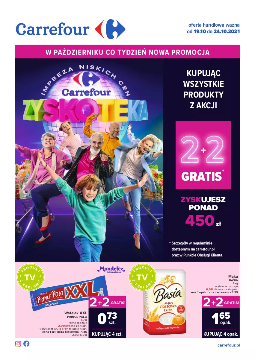 Gazetka promocyjna Carrefour - Gazetka Carrefour Zyskoteka - ważna 19.10 do 24.10.2021 - strona 1 - produkty: Basia, Gra, Kosz, Mąka, Prince Polo, Wafelek