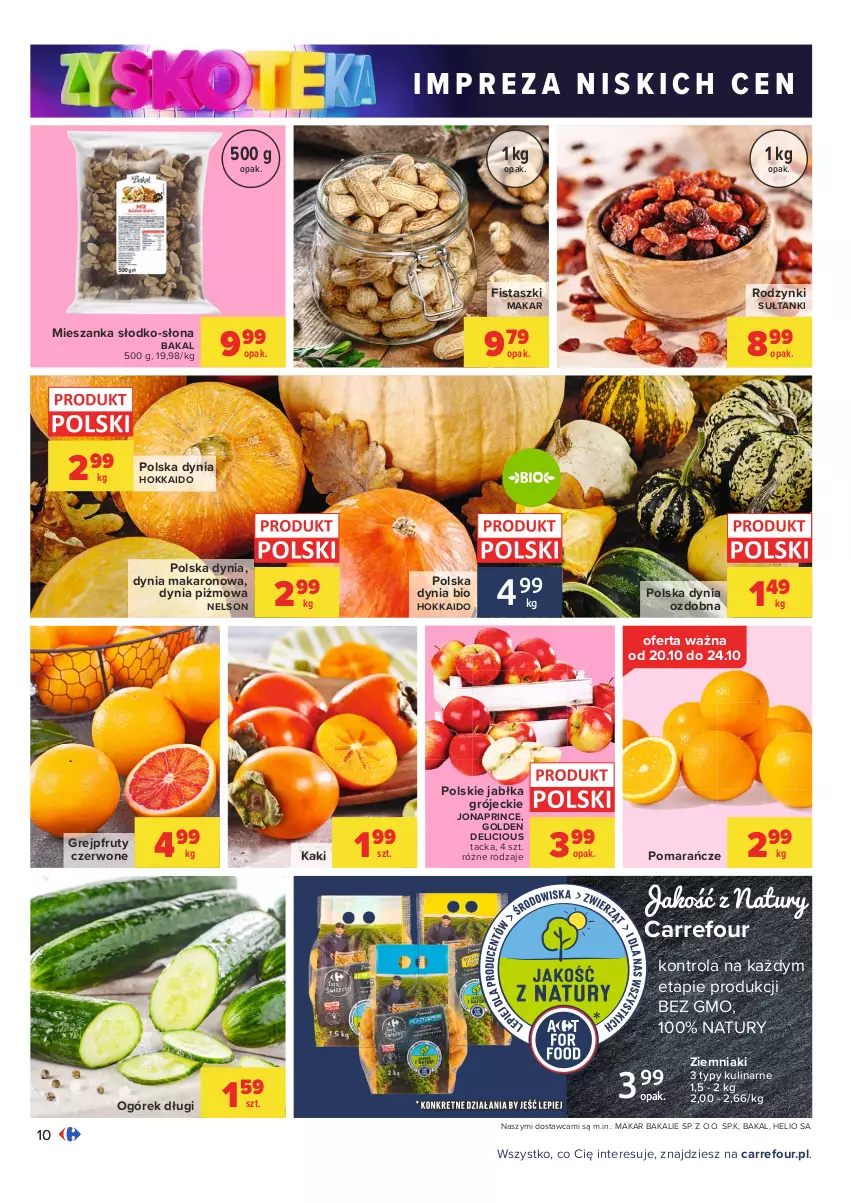 Gazetka promocyjna Carrefour - Gazetka Carrefour Zyskoteka - ważna 19.10 do 24.10.2021 - strona 10 - produkty: Grejpfrut, Helio, Jabłka, Kaki, Makaron, Ogórek, Pomarańcze, Rodzynki, Ziemniaki