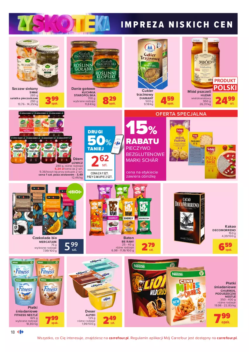 Gazetka promocyjna Carrefour - Gazetka Carrefour Zyskoteka - ważna 19.10 do 24.10.2021 - strona 18 - produkty: Alpro, Baton, Cukier, Cukier trzcinowy, Czekolada, Danie gotowe, Danio, Deser, Diamant, Dżem, Kakao, Kosz, Kuchnia, Kuchnia Staropolska, Miód, Nestlé, Piec, Pieczywo, Sałat, Sałatka, Ser