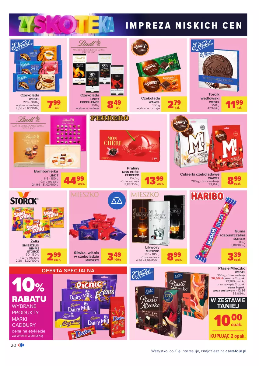 Gazetka promocyjna Carrefour - Gazetka Carrefour Zyskoteka - ważna 19.10 do 24.10.2021 - strona 20 - produkty: Cukier, Cukierki, Cukierki czekoladowe, Czekolada, Ferrero, Guma rozpuszczalna, Kosz, Lindt, Mleczko, Mon Chéri, Nimm2, Praliny, Ptasie mleczko, Wawel