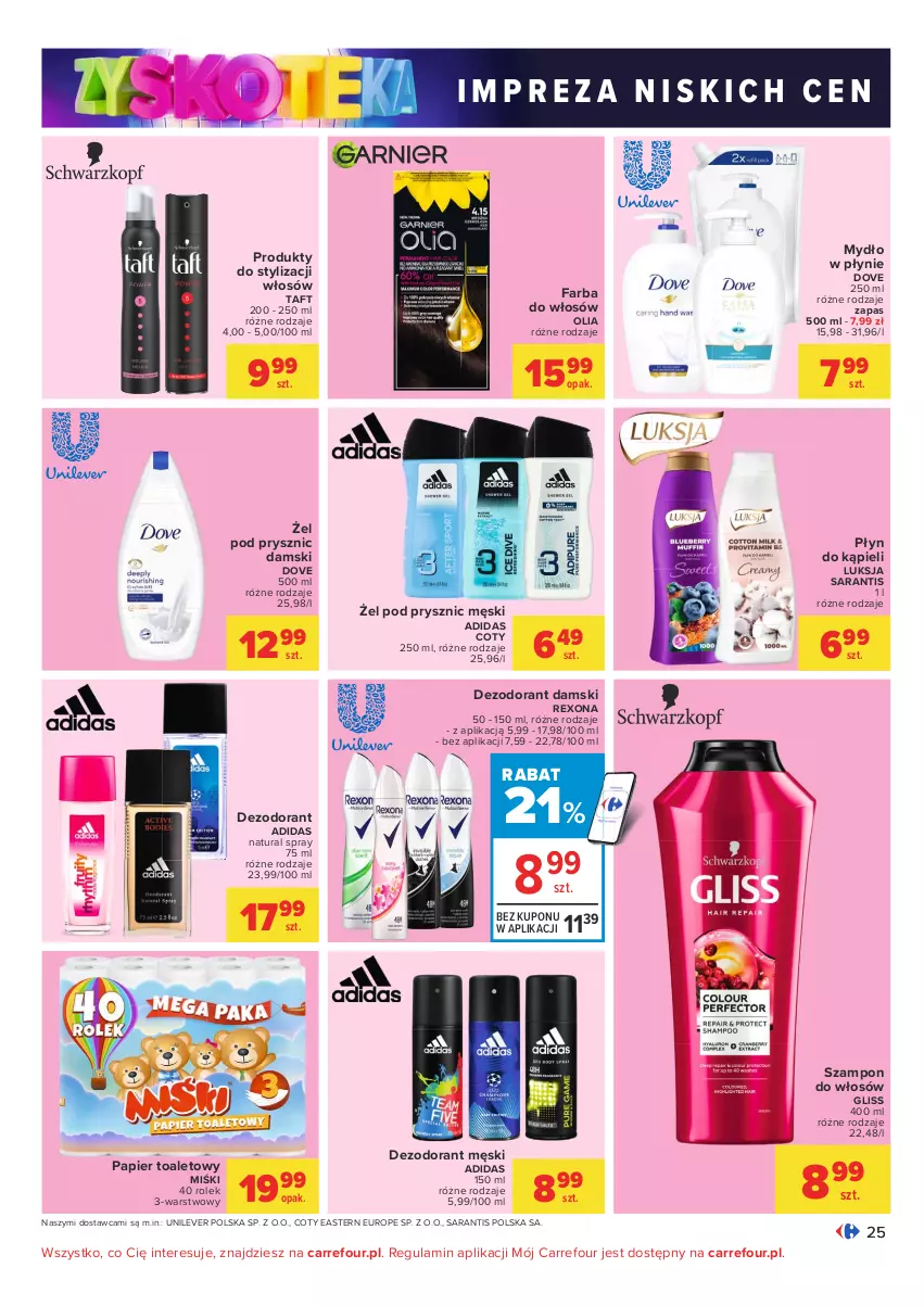 Gazetka promocyjna Carrefour - Gazetka Carrefour Zyskoteka - ważna 19.10 do 24.10.2021 - strona 25 - produkty: Adidas, Dezodorant, Dove, Fa, Farba do włosów, Luksja, Mydło, Mydło w płynie, Papier, Papier toaletowy, Płyn do kąpieli, Rexona, Szampon, Taft