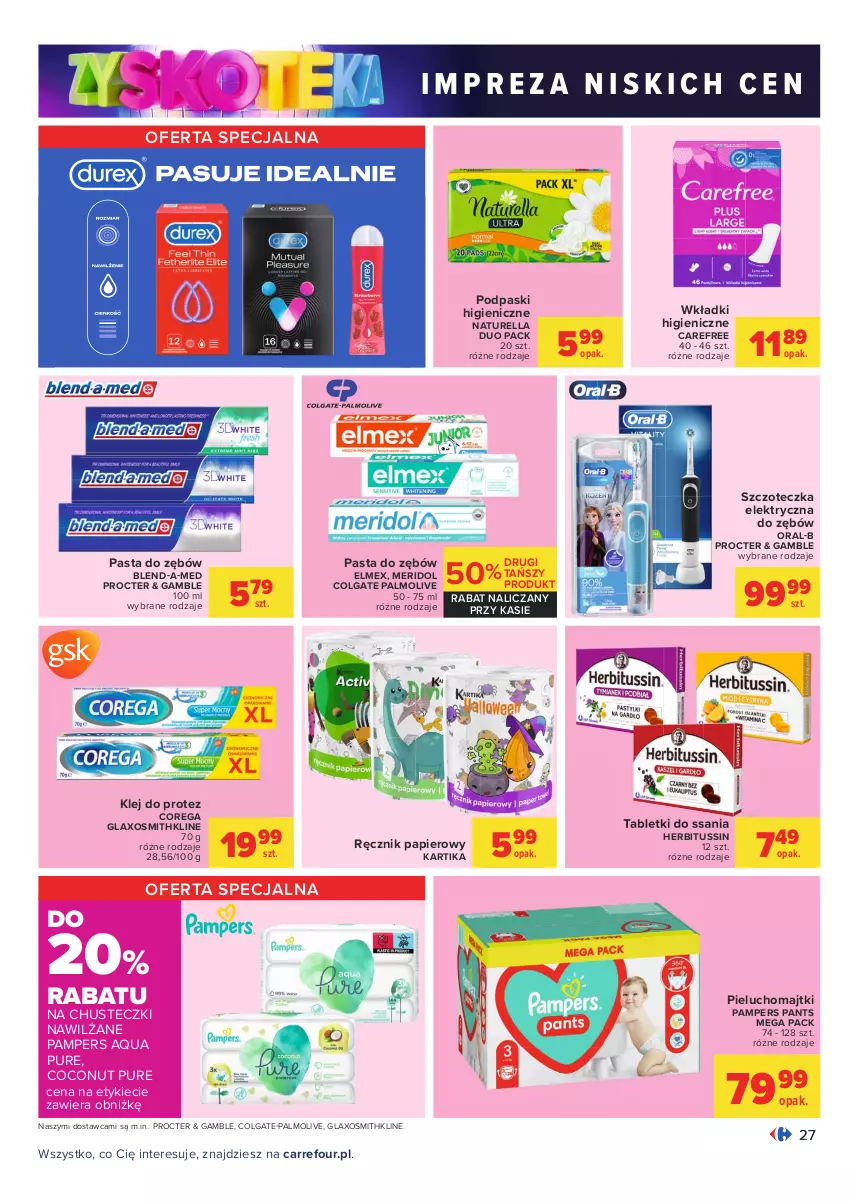 Gazetka promocyjna Carrefour - Gazetka Carrefour Zyskoteka - ważna 19.10 do 24.10.2021 - strona 27 - produkty: Blend-a-Med, Carefree, Chusteczki, Colgate, Corega, Elmex, Klej, LG, Majtki, Naturell, Naturella, Palmolive, Pampers, Papier, Pasta do zębów, Pieluchomajtki, Podpaski, Pur, Ręcznik, Szczoteczka, Tablet, Wkładki