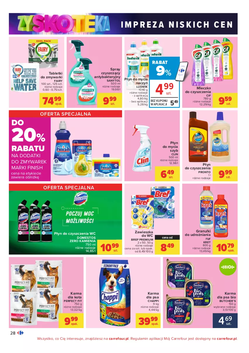 Gazetka promocyjna Carrefour - Gazetka Carrefour Zyskoteka - ważna 19.10 do 24.10.2021 - strona 28 - produkty: Bref, Chappi, Cif, Clin, Do mycia naczyń, Domestos, Fa, Fairy, Finish, Gra, Kret, Ludwik, Mleczko, Płyn do czyszczenia wc, Płyn do mycia, Płyn do mycia naczyń, Pronto, Sanytol, Tablet, Tabletki do zmywarki, Zawieszka do wc, Zmywarki