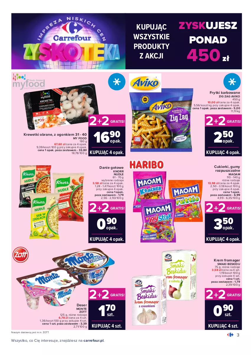 Gazetka promocyjna Carrefour - Gazetka Carrefour Zyskoteka - ważna 19.10 do 24.10.2021 - strona 3 - produkty: Cukier, Cukierki, Danie gotowe, Deser, Frytki, Gra, Knorr, Kosz, Krewetki, Monte, Ser, Zott