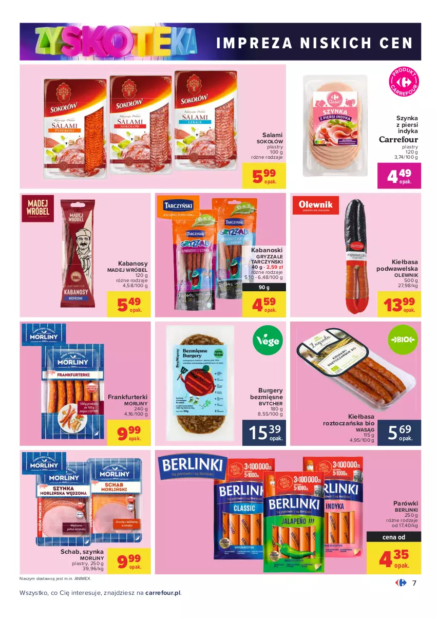 Gazetka promocyjna Carrefour - Gazetka Carrefour Zyskoteka - ważna 19.10 do 24.10.2021 - strona 7 - produkty: Berlinki, Burger, Frankfurterki, Gry, Kabanos, Kiełbasa, Kiełbasa podwawelska, Madej Wróbel, Morliny, Olewnik, Parówki, Salami, Sok, Sokołów, Szynka, Tarczyński, Wawel