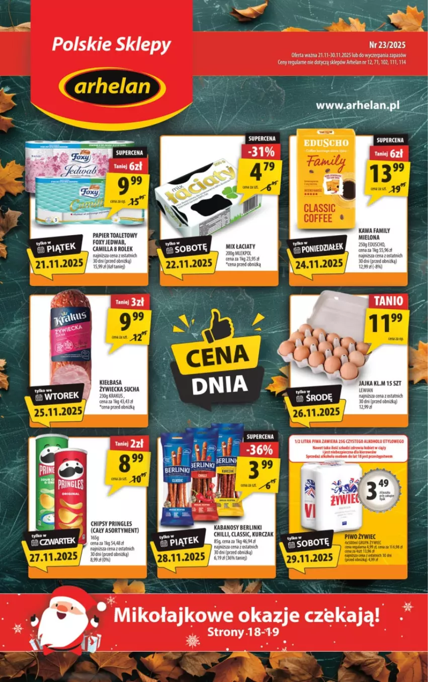 Gazetka promocyjna Arhelan - Gazetka - ważna 21.11 do 30.11.2025 - strona 1 - produkty: Berlinki, Chipsy, Fa, Foxy, Kabanos, Kawa, Kiełbasa, Krakus, Kurczak, Papier, Papier toaletowy, Piwa, Pringles