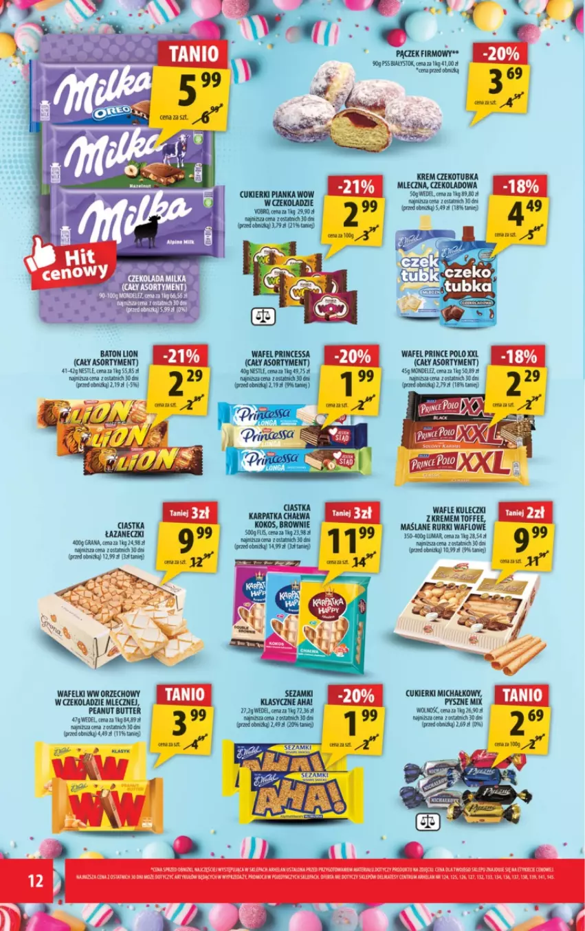 Gazetka promocyjna Arhelan - Gazetka - ważna 21.11 do 30.11.2025 - strona 12 - produkty: Baton, Brownie, Ciastka, Cukier, Cukierki, Gra, Kokos, Lion, Pączek, Prince Polo, Princessa, Rurki