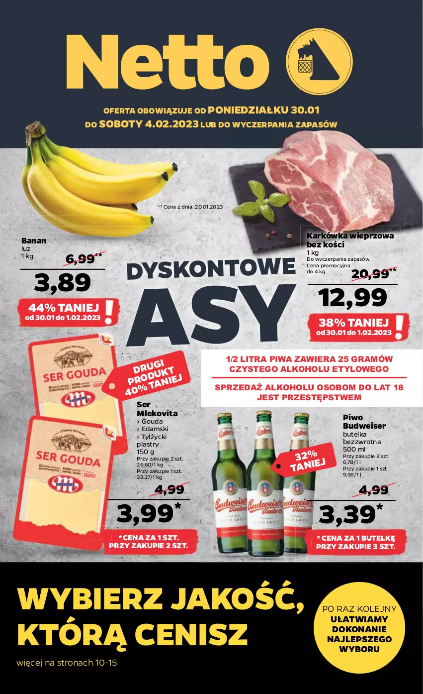 Gazetka promocyjna Netto - Artykuły spożywcze - ważna 30.01 do 04.02.2023 - strona 1 - produkty: Edam, Gouda, Gra, Karkówka wieprzowa, Mleko, Mlekovita, Olej, Piwa, Piwo, Ser