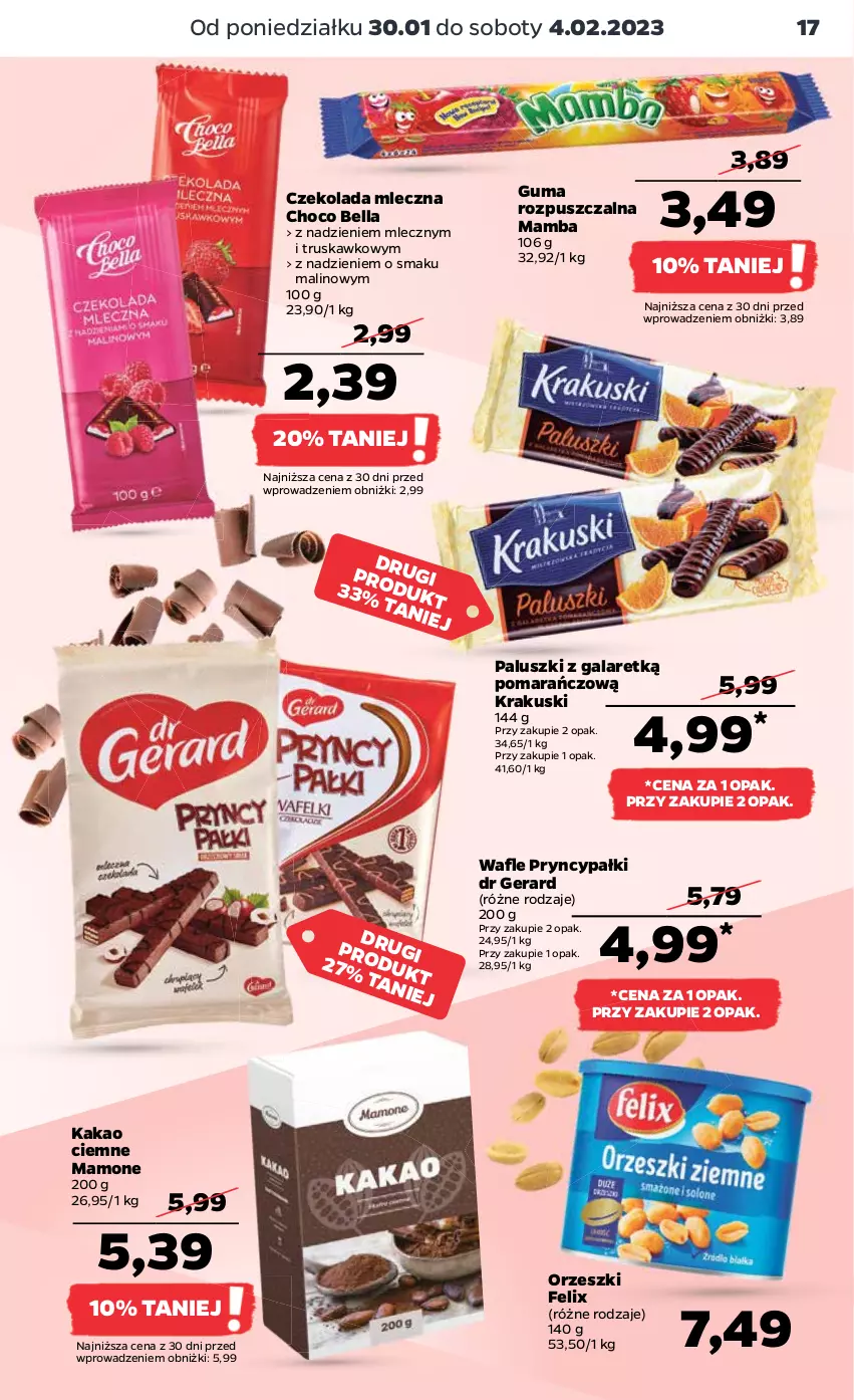 Gazetka promocyjna Netto - Artykuły spożywcze - ważna 30.01 do 04.02.2023 - strona 17 - produkty: Bell, Bella, Czekolada, Czekolada mleczna, Dr Gerard, Felix, Gala, Guma rozpuszczalna, Kakao, Krakus, Krakuski, Mamba, Orzeszki, Wafle