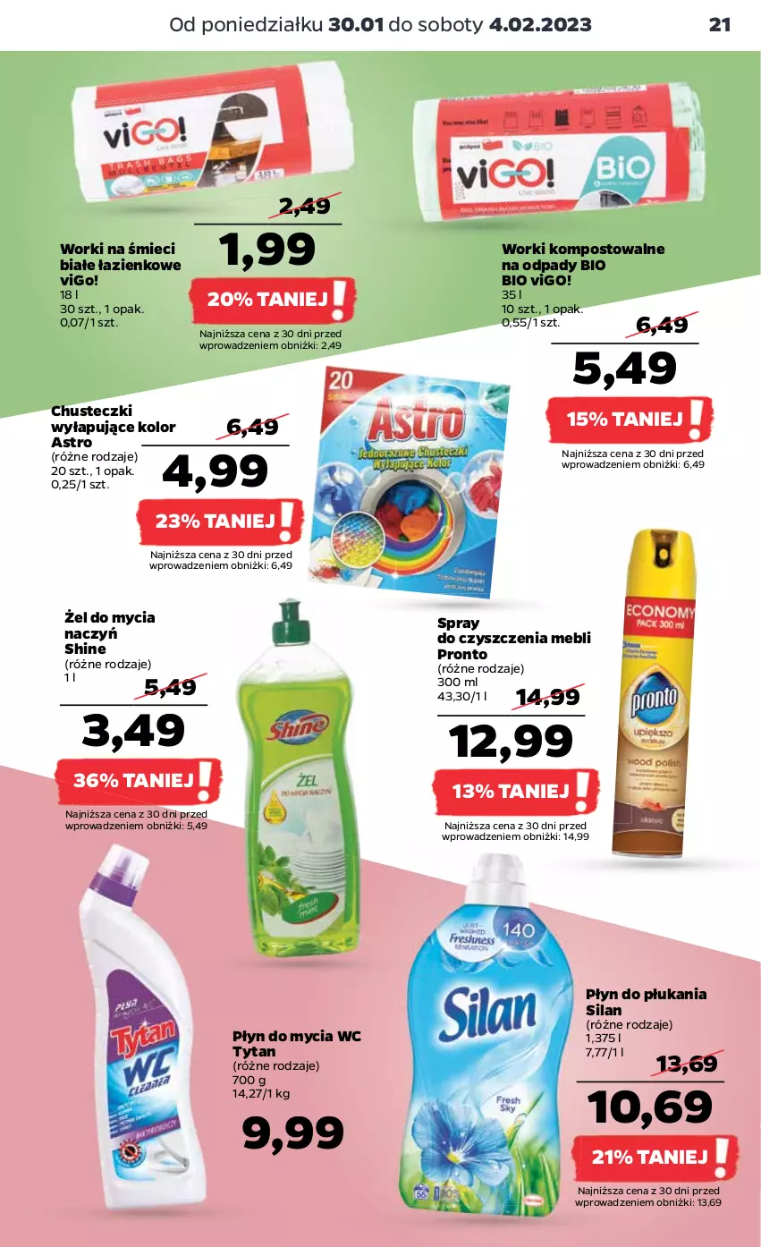 Gazetka promocyjna Netto - Artykuły spożywcze - ważna 30.01 do 04.02.2023 - strona 21 - produkty: Chusteczki, Do mycia naczyń, Płyn do mycia, Płyn do płukania, Pronto, Silan, Spray do czyszczenia, Tytan, Worki na śmiec, Worki na śmieci