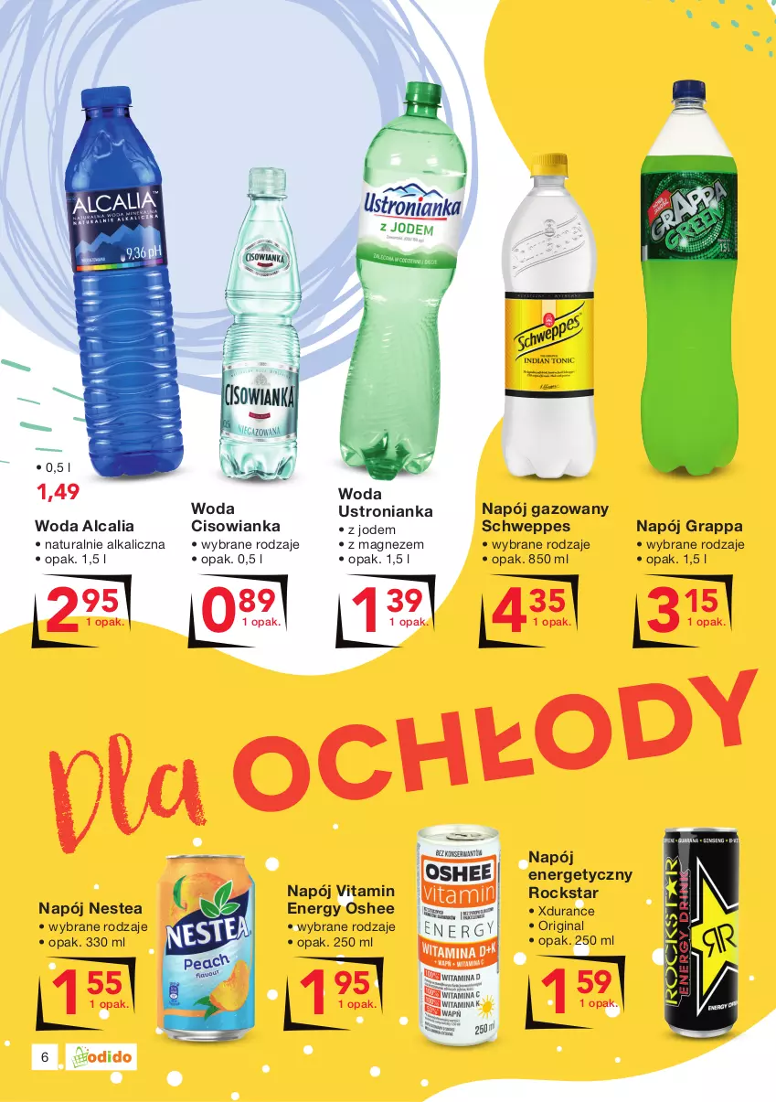 Gazetka promocyjna Odido - Lubimy LATO! - ważna 30.07 do 12.08.2021 - strona 6 - produkty: Cisowianka, Gin, Gra, Grappa, Magnez, Napój, Napój energetyczny, Napój gazowany, Nestea, Oshee, Schweppes, Woda