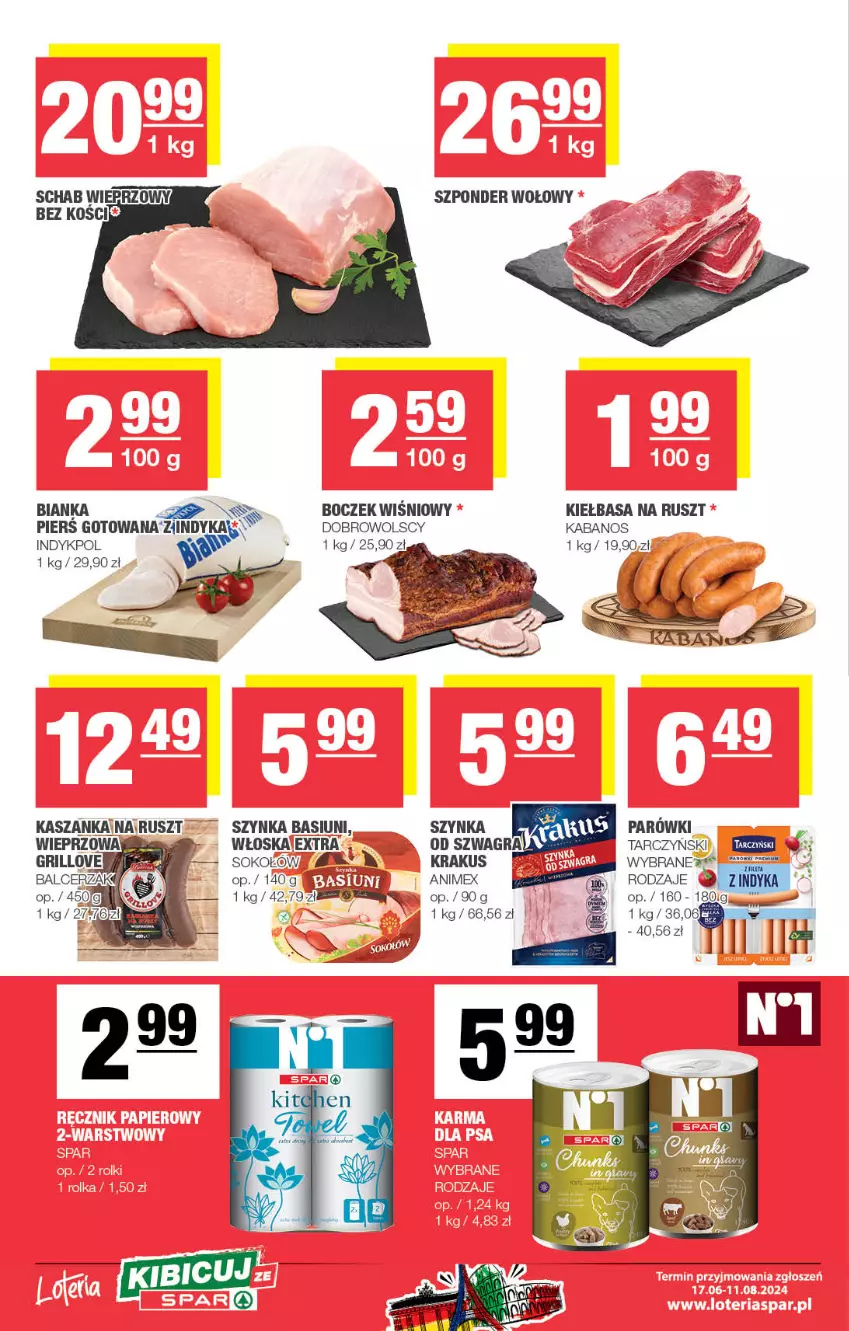 Gazetka promocyjna Spar - Spar - ważna 14.07 do 24.07.2024 - strona 4 - produkty: Bianka, Boczek, Gra, Kabanos, Kasza, Kaszanka, Kiełbasa, Krakus, Schab wieprzowy, Sok, Sokołów, Szponder wołowy, Szynka, Tarczyński