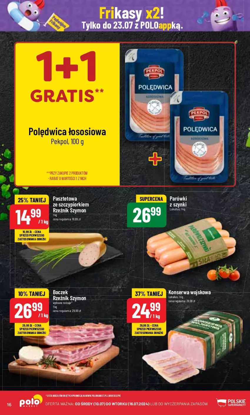 Gazetka promocyjna PoloMarket - Gazetka pomocyjna - ważna 10.07 do 16.07.2024 - strona 16 - produkty: Boczek, Gra, Parówki, Parówki z szynki, Pasztet, Pekpol, Polędwica, Ser, Sos