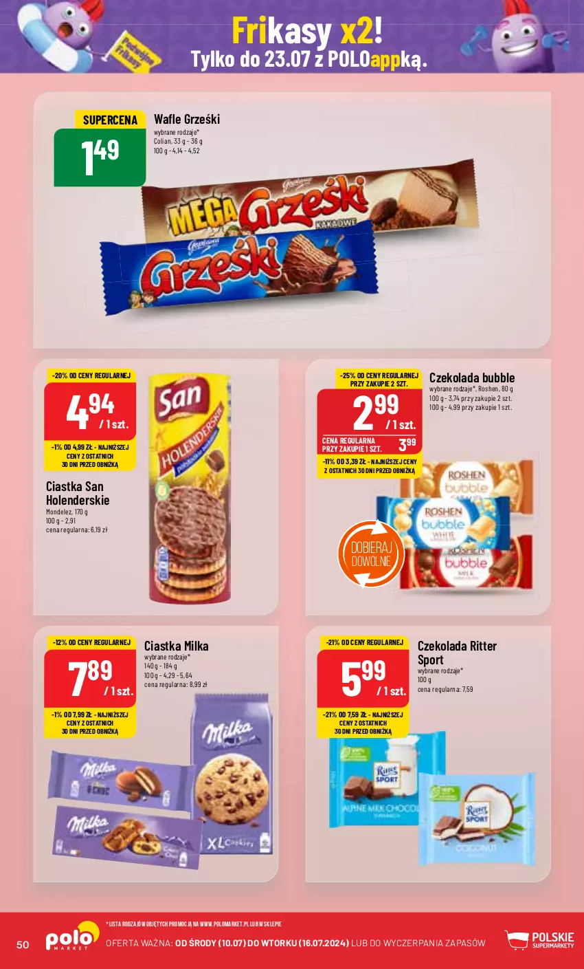 Gazetka promocyjna PoloMarket - Gazetka pomocyjna - ważna 10.07 do 16.07.2024 - strona 50 - produkty: Ciastka, Czekolada, Grześki, Milka, Por, Ritter Sport, Sport, Wafle