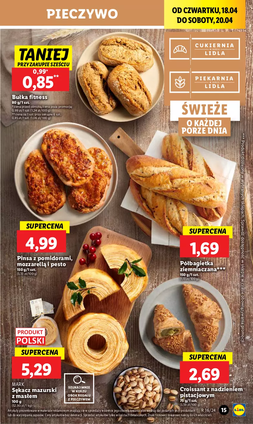 Gazetka promocyjna Lidl - GAZETKA - ważna 18.04 do 20.04.2024 - strona 21 - produkty: Bagietka, Bułka, Bułka fitness, Croissant, Kosz, Pesto, Piec, Pieczywo, Półbagietka, Por, Regał, Sękacz