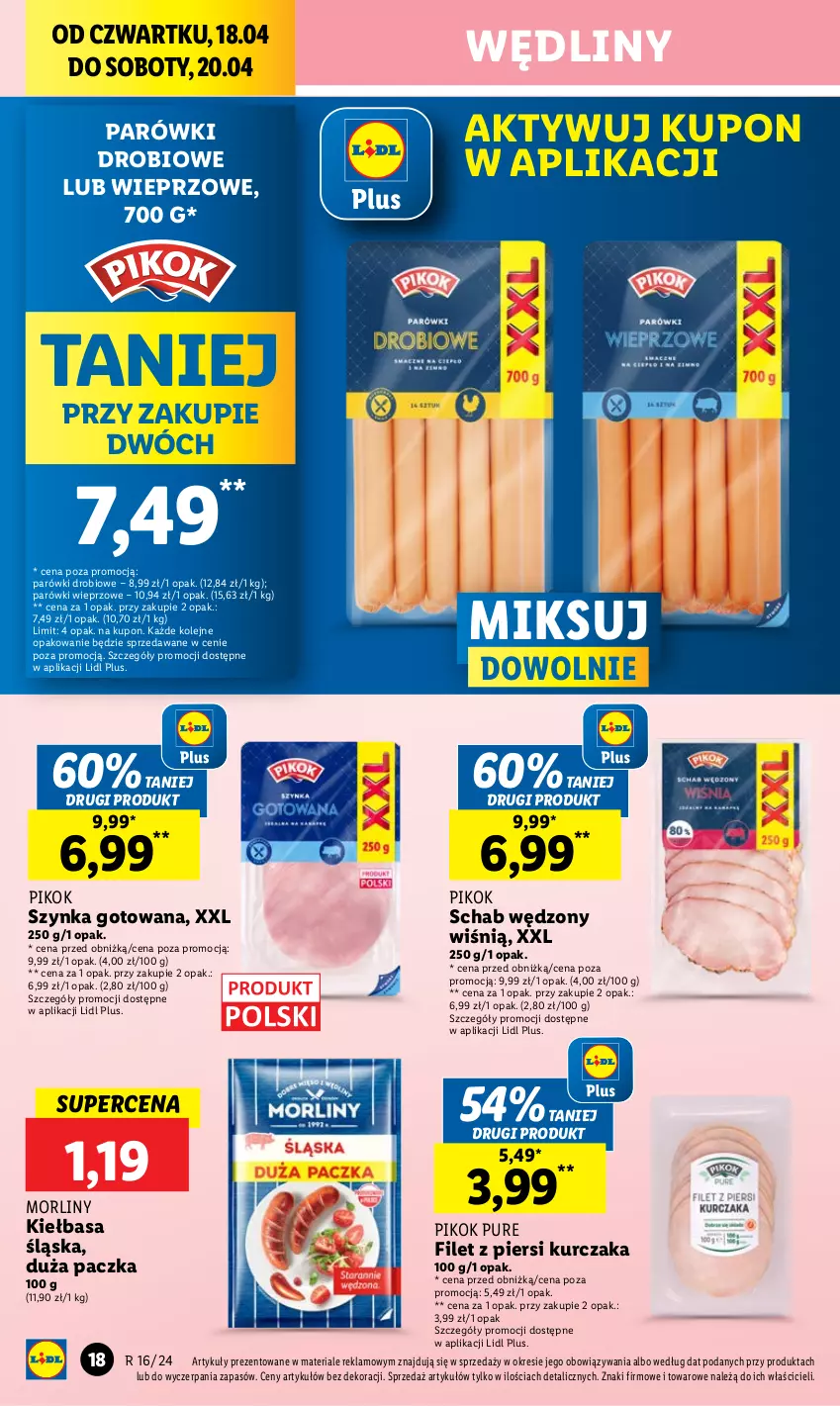 Gazetka promocyjna Lidl - GAZETKA - ważna 18.04 do 20.04.2024 - strona 24 - produkty: Filet z piersi kurczaka, Kiełbasa, Kiełbasa śląska, Kurczak, Morliny, Olej, Parówki, PIKOK, Pur, Szynka