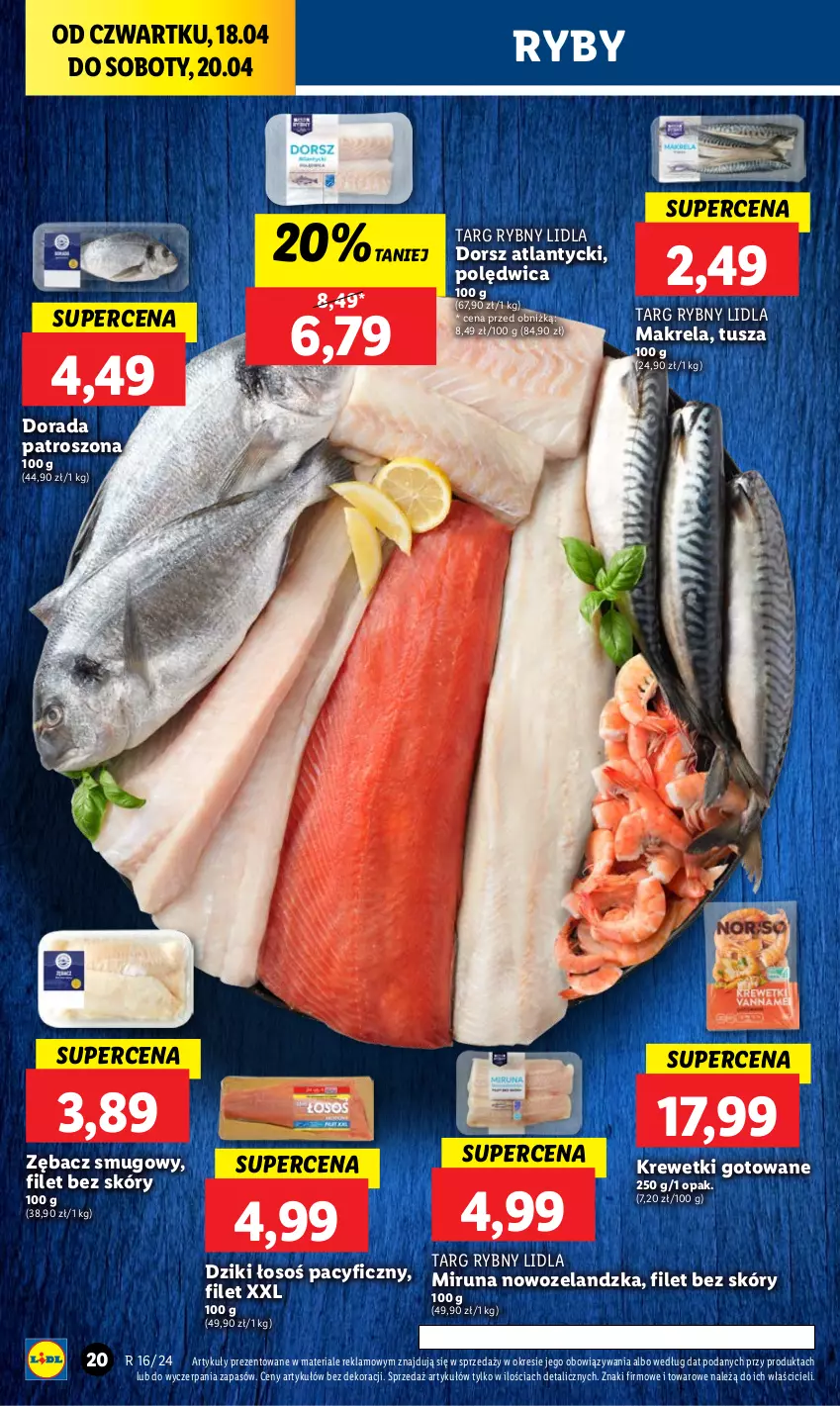 Gazetka promocyjna Lidl - GAZETKA - ważna 18.04 do 20.04.2024 - strona 26 - produkty: Dorsz, Krewetki, Miruna, Polędwica, Tusz