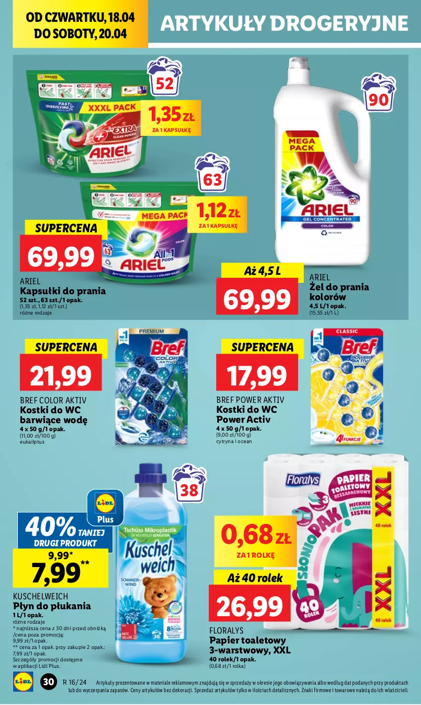 Gazetka promocyjna Lidl - GAZETKA - ważna 18.04 do 20.04.2024 - strona 38 - produkty: Ariel, Bref, Flora, Kapsułki do prania, Papier, Papier toaletowy, Płyn do płukania