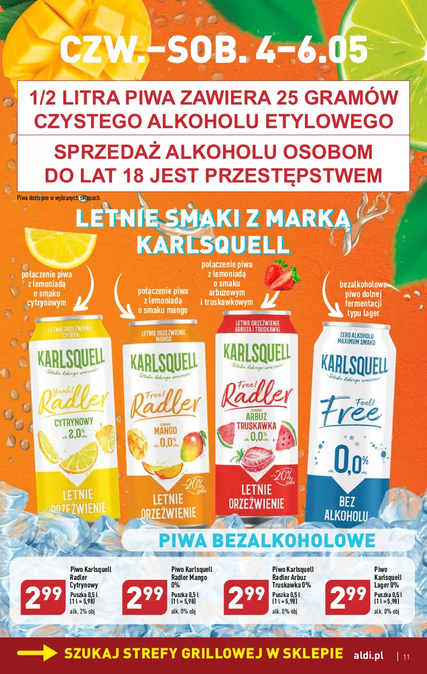 Gazetka promocyjna Aldi - Pełen katalog - ważna 04.05 do 06.05.2023 - strona 11 - produkty: Arbuz, Gra, Grill, Karlsquell, Mango, Piwa, Piwo, Radler