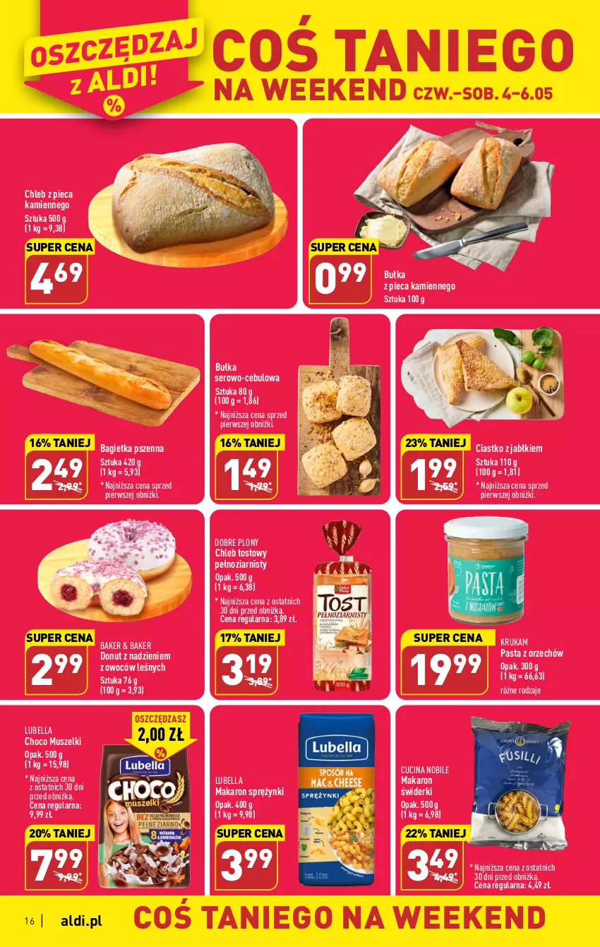 Gazetka promocyjna Aldi - Pełen katalog - ważna 04.05 do 06.05.2023 - strona 16 - produkty: Bagietka, Bagietka pszenna, Bell, Bella, Bułka, Chleb, Chleb tostowy, Donut, Lubella, Makaron, Mus, Piec, Ser