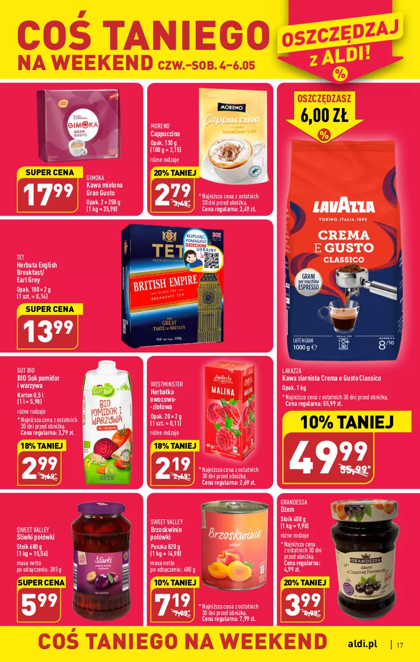 Gazetka promocyjna Aldi - Pełen katalog - ważna 04.05 do 06.05.2023 - strona 17 - produkty: Brzoskwinie, Cappuccino, Dżem, Earl Grey, Fa, Gimoka, Gra, Herbata, Kawa, Kawa mielona, Kawa ziarnista, Lavazza, Sok, Warzywa