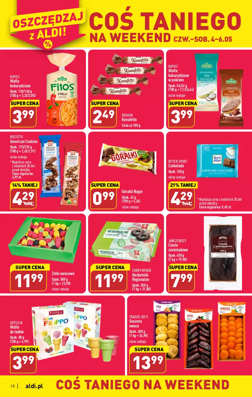 Gazetka promocyjna Aldi - Pełen katalog - ważna 04.05 do 06.05.2023 - strona 18 - produkty: Ciasto czekoladowe, Czekolada, Góralki, Herbatniki, Kupiec, Owoce, Piec, Por, Ritter Sport, Sport, Wafle, Wafle do lodów