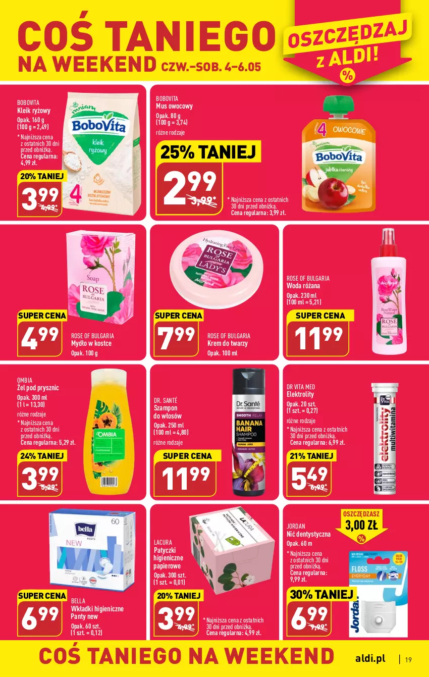 Gazetka promocyjna Aldi - Pełen katalog - ważna 04.05 do 06.05.2023 - strona 19 - produkty: Bell, Bella, BoboVita, Dr Vita, Krem do twarzy, LG, Mus, Mydło, Nić dentystyczna, Papier, Róża, Ryż, Szampon, Wkładki, Woda