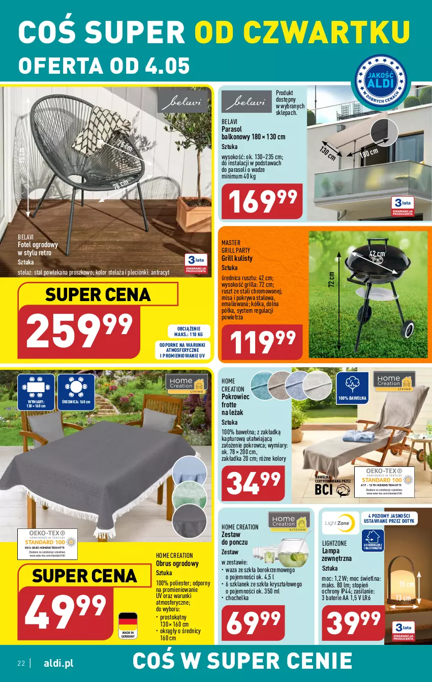 Gazetka promocyjna Aldi - Pełen katalog - ważna 04.05 do 06.05.2023 - strona 22 - produkty: Chochelka, Fotel, Grill, Lampa, Obrus, Parasol, Pokrowiec, Pokrywa, Półka, Por, Silan, Sok, Top, Wełna