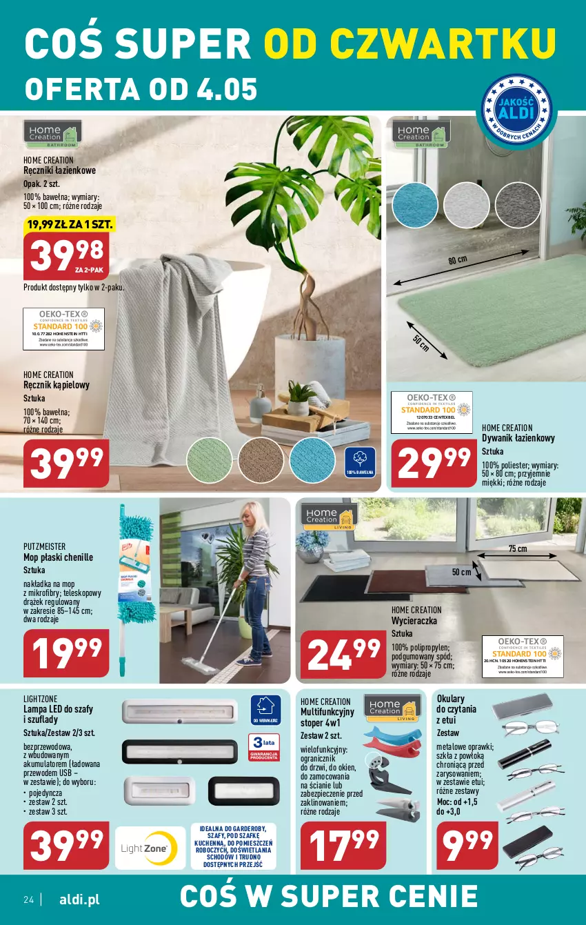 Gazetka promocyjna Aldi - Pełen katalog - ważna 04.05 do 06.05.2023 - strona 24 - produkty: Akumulator, Drzwi, Dywan, Dywanik, Dywanik łazienkowy, Gra, Lampa, Lampa LED, Mop, Okulary do czytania, Piec, Putzmeister, Ręcznik, Ręcznik kąpielowy, Teleskop, Top, Wełna, Wycieraczka